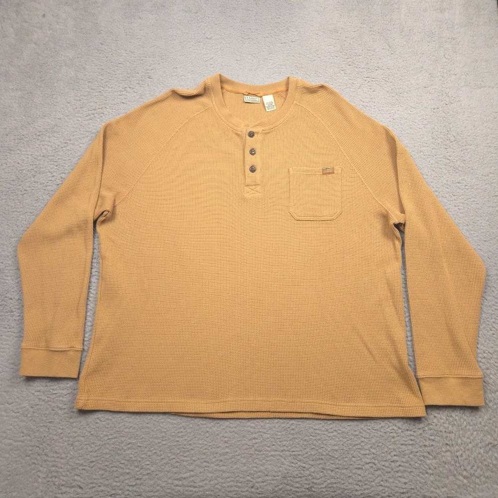 L.L.Bean BeanBuilt Waffle Henley Men XXL Regular Cotton Blend Pocket Gold Tan
